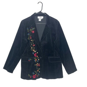 Y2K Black Velvet Corduroy Blazer Jacket M Floral Embroidery Cottagecore Boho